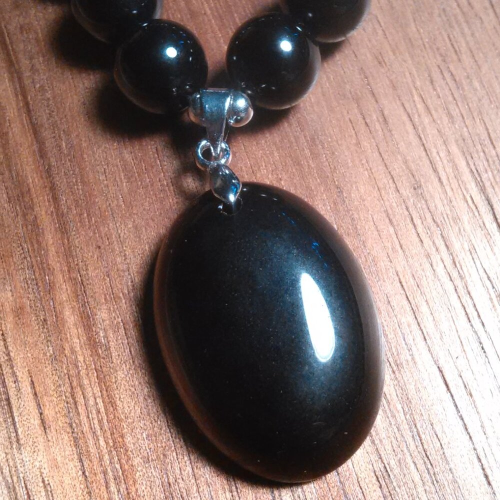 Black Agate Beaded Silvertone Necklace